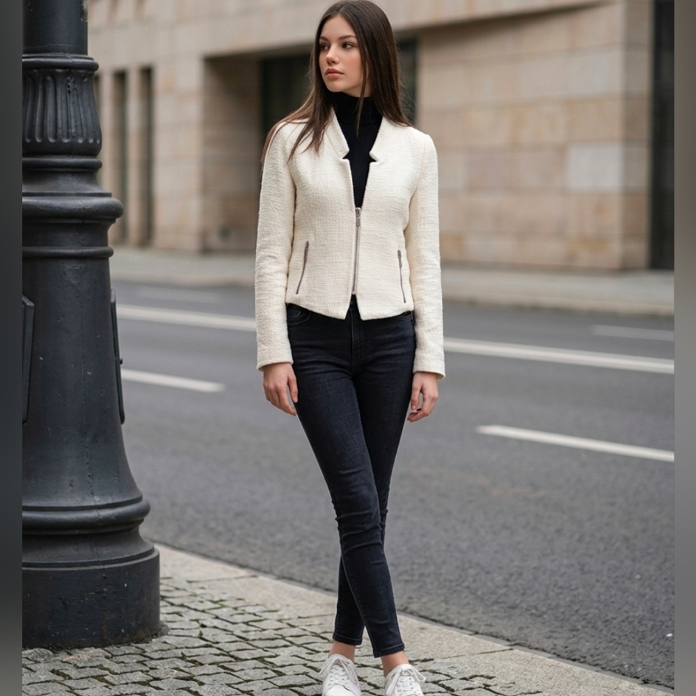 Zara White Blazer With Zipper Details size L